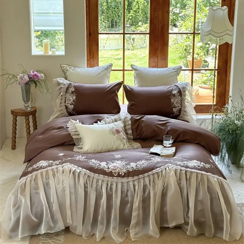 Afralia™ Elegant Flowers Embroidery Lace Princess Wedding Bedding Set - 1200TC Cotton Duvet Cover