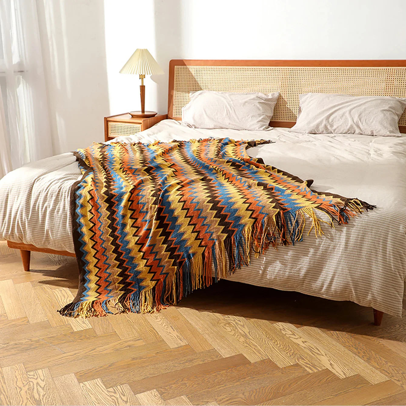 Afralia™ Bohemian Knitted Blanket with Tassels, Oversized Vintage Style Blanket