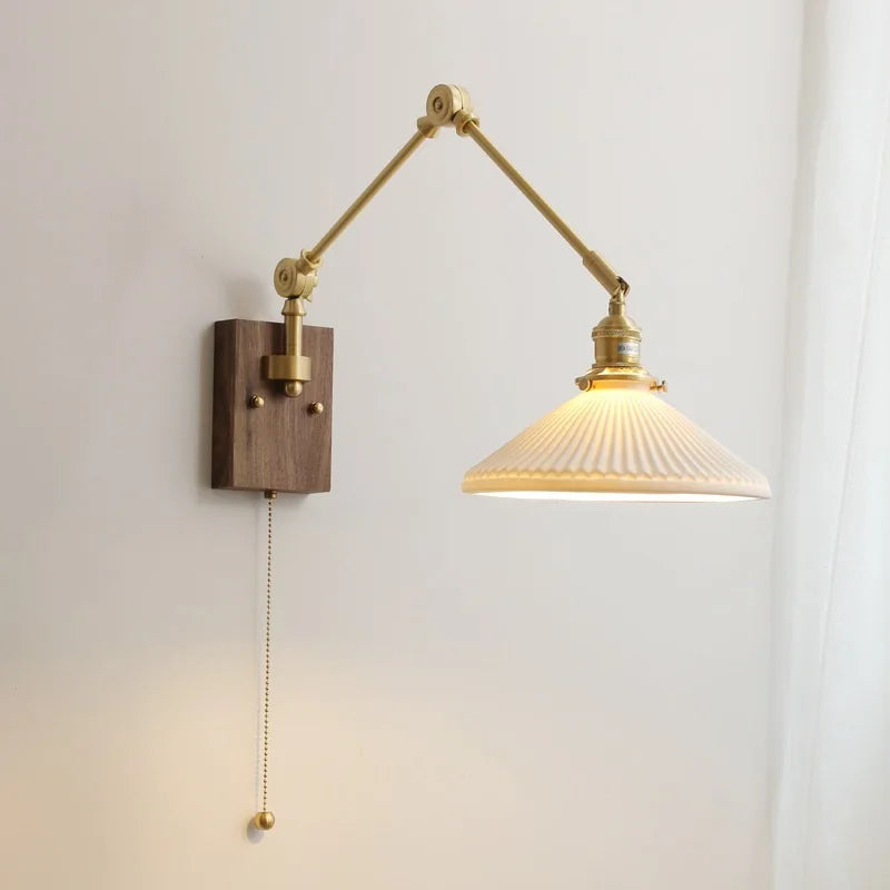 Afralia™ Copper Wall Lamp with Pull Chain Switch, Nordic Design, LED Bulb, Ceramic Lampshade