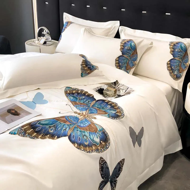 Afralia™ Luxury Butterfly Embroidery Bedding Set, Egyptian Cotton, Queen King, White
