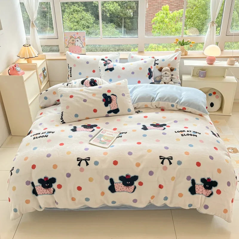 Afralia™ Cartoon Print Milk Velvet Bedding Set: Cozy, Skin-Friendly Winter Bedclothes