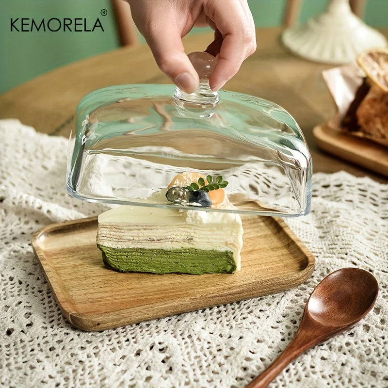 Afralia™ Cake Dessert Wood Plate with Glass Dust Cover | Elegant Serving Dish for Various Treats