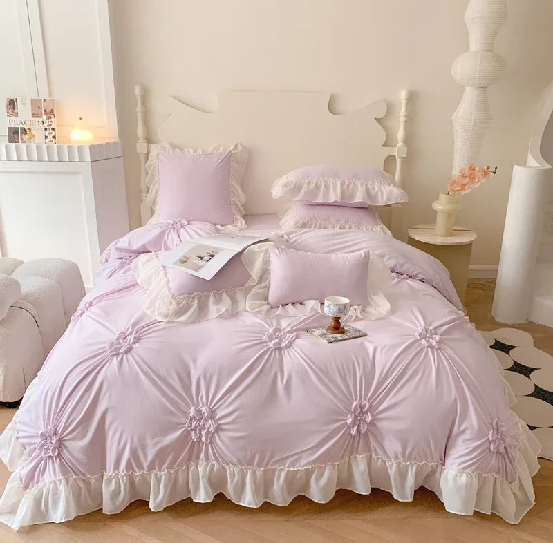 Afralia™ Lace Princess Bedding Set: Romantic Ruffles & Bow Duvet Cover, Sheet, Pillowcases