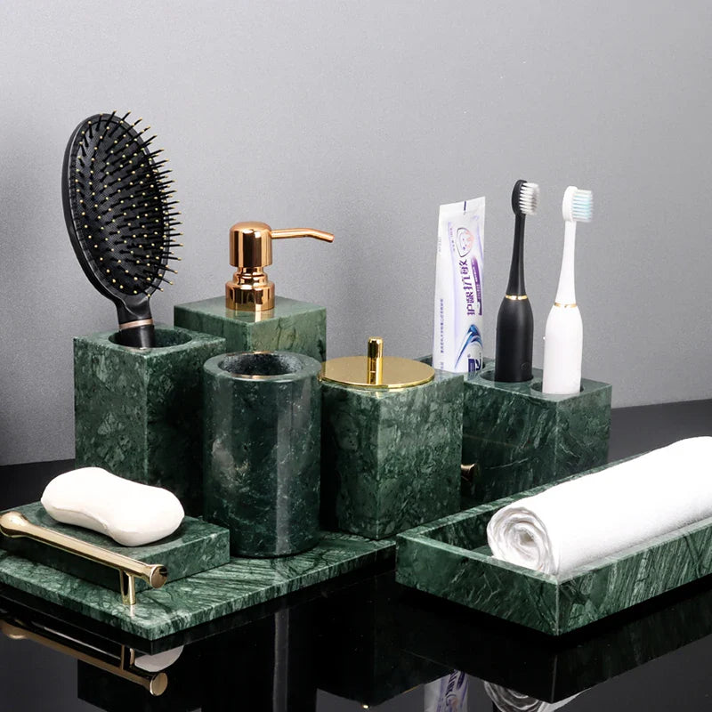 Afralia™ Green Marble Bathroom Set: Dispenser, Dish, Holder, Tissue Box & Accessories