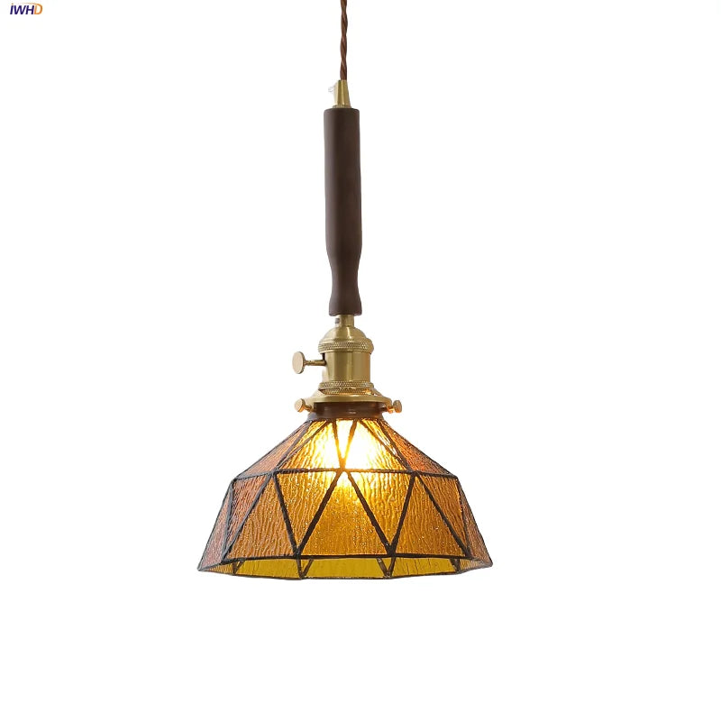 Afralia™ LED Adjustable Pendant Light Fixture Amber Glass Walnut Wood Bar Hanging Lamp