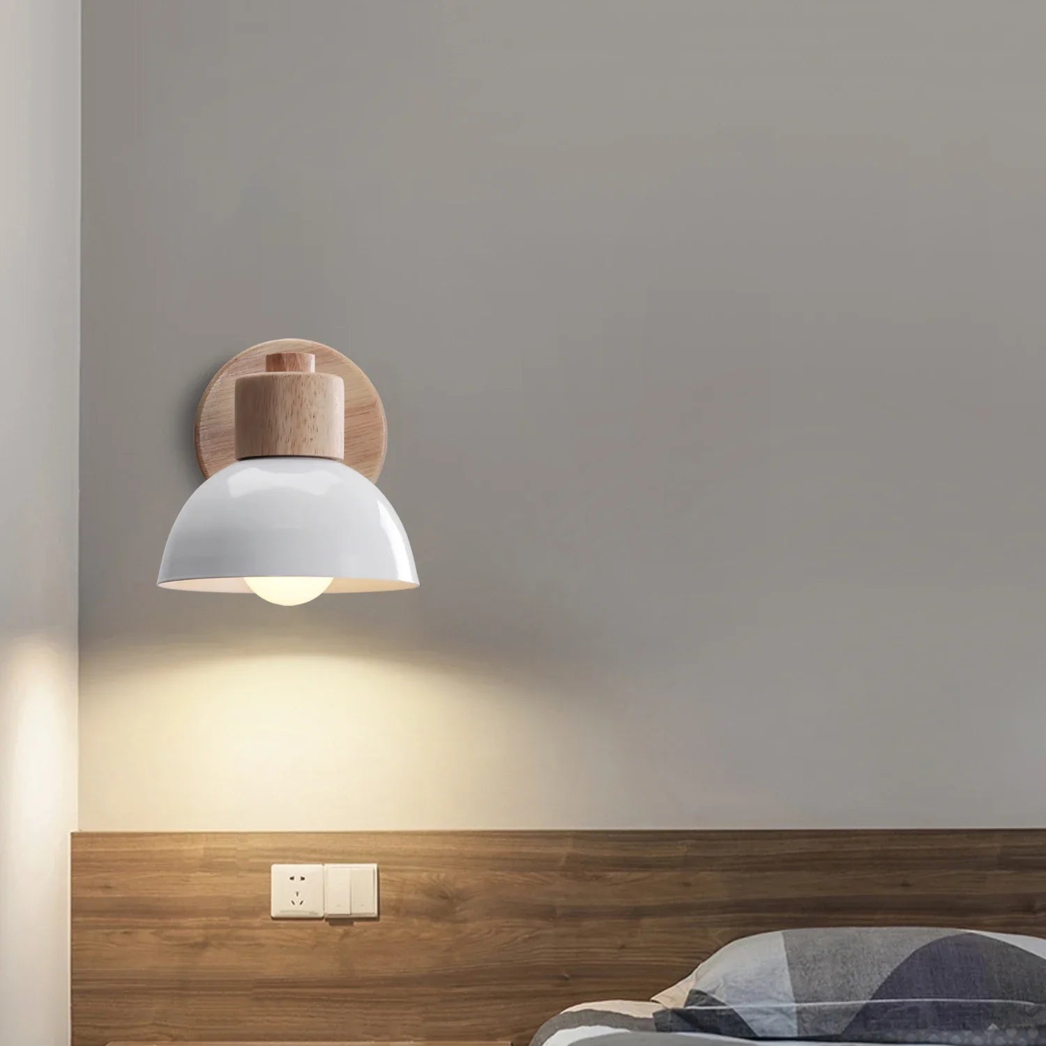Modern Nordic Wooden Wall Lights Bedside Sconce by Afralia™ - White Lampshade, E27