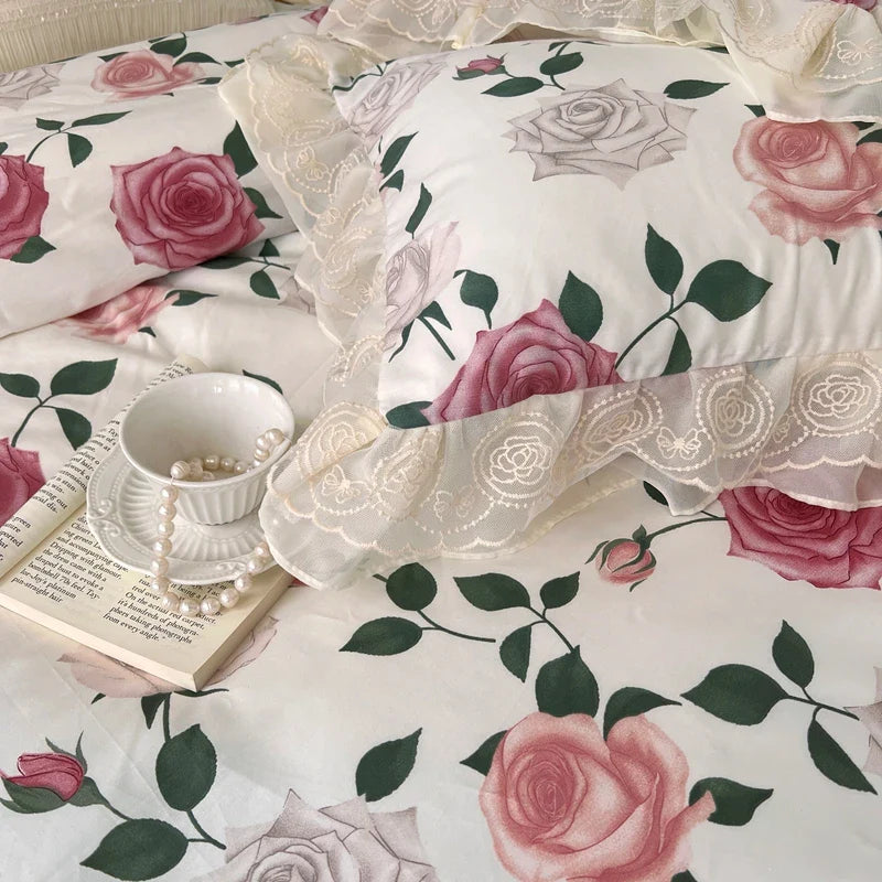 Afralia™ Vintage French Rose Flowers Double Layer Lace Ruffles Bedding Set