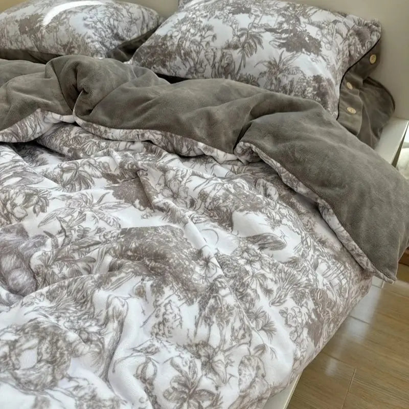 Afralia™ Forest Plants Prints Velvet Bedding Set, Winter Warm, 4Pcs: Duvet Cover, Sheet, Pillowcases