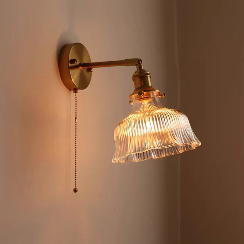 Afralia™ Nordic LED Wall Lights Pull Chain Switch Copper Glass Home Decor