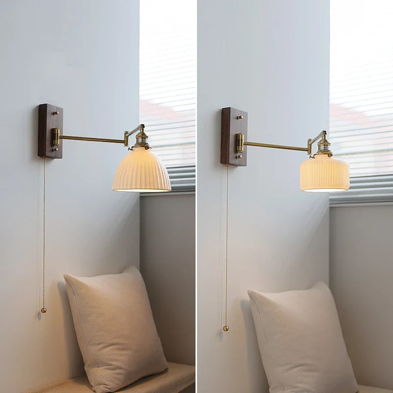 Afralia™ Copper Arm LED Wall Sconce Switch Light, Adjustable Lampshade, Pull Chain, Beside Lamp
