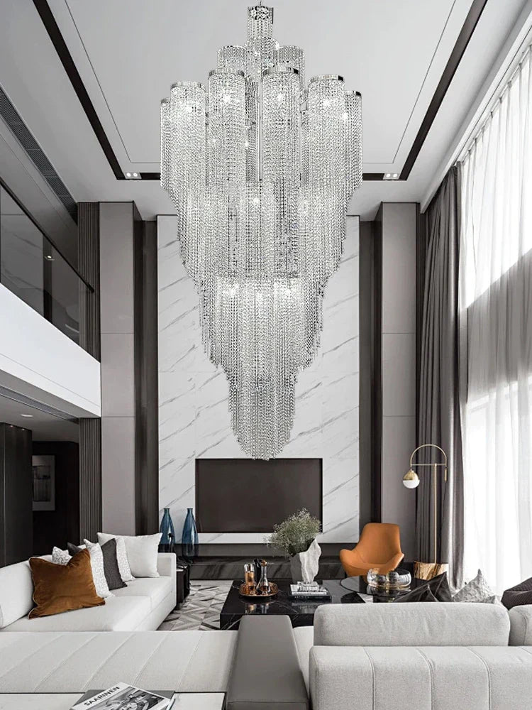 Afralia™ Waterfall Crystal Pendant Light in Silver/Gold - Elegant High Ceiling Villa Duplex Lamp