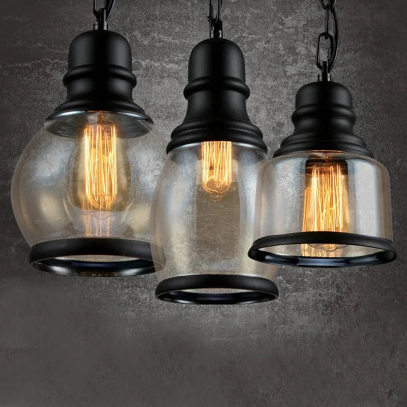 Afralia™ Vintage Industrial Iron Chandelier E27 Pendant Light with Amberglass