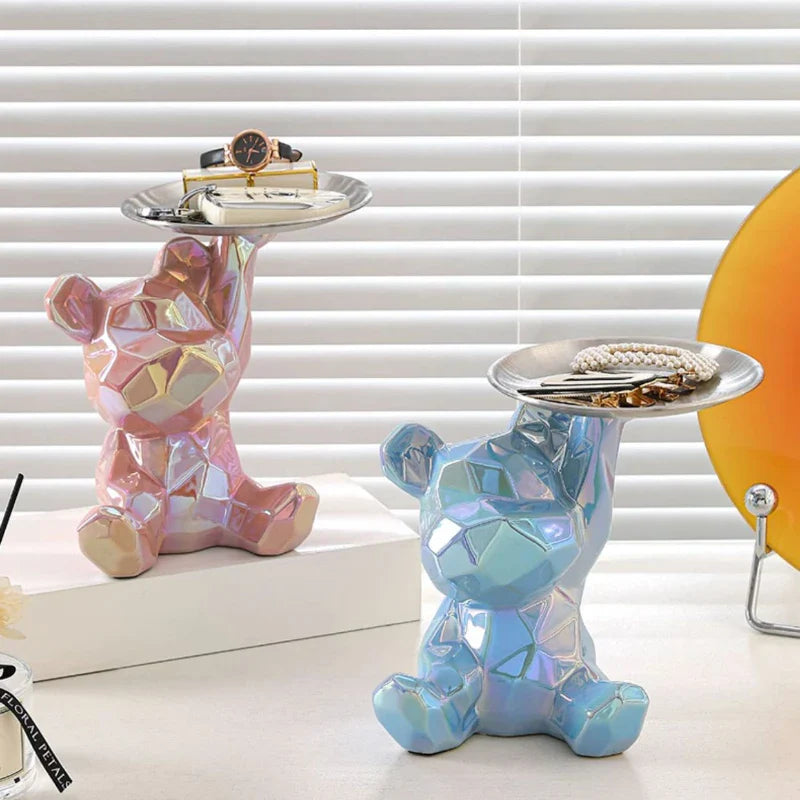 Afralia™ Ceramic Bear Statue with Keys, Cosmetic Tray, Piggy Bank Bookshelf Decoration