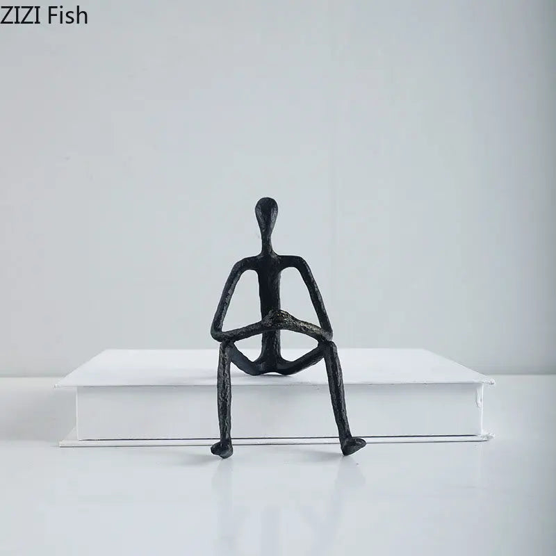 Afralia™ Seated Figures Cast Iron Sculpture for Room Decor - Abstract Metal Ornaments