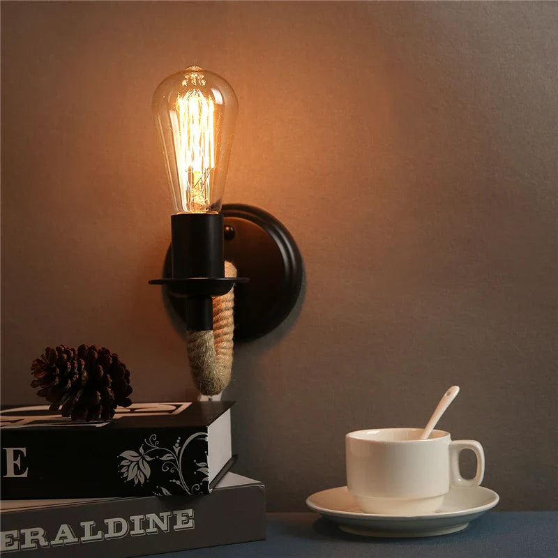 Afralia™ Rustic Hemp Rope Wall Sconce Retro Country Loft Light Fixture