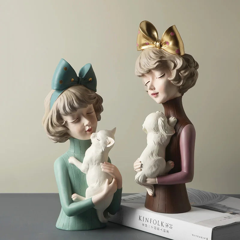 Bow Hairpin Girl Figure Statue Holding Kitten & Dog Sculptures by Afralia™