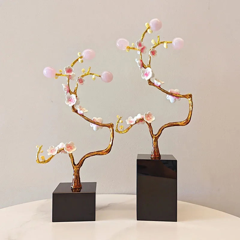 Afralia™ Golden Tree Crystal Ball Plum Blossom Metal Decor Figurine