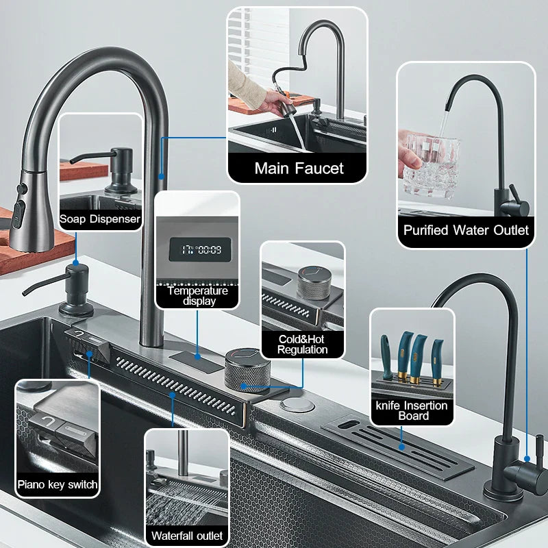 Afralia™ Stainless Steel Kitchen Sink Faucet Set with Digital Display - Complete Solution