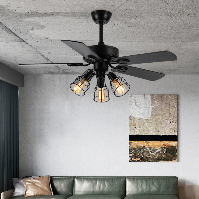 Afralia™ Retro Wooden Blades Ceiling Fan Light: American Style Iron Silent LED Chandelier