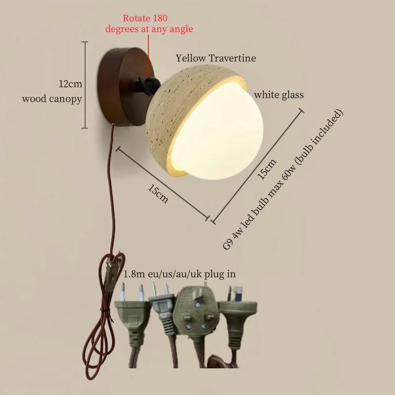Afralia™ White Glass LED Wall Lamps Pull Chain Yellow Travertine Modern Bathroom Light
