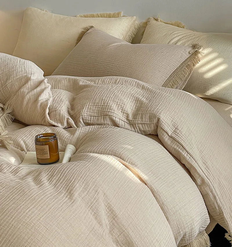 Afralia™ Pure Cotton Tassel Duvet Set Double Layered Cozy Bedclothes