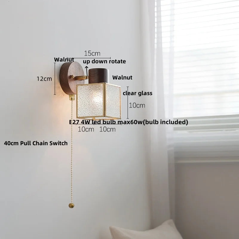 Afralia™ Clear Glass LED Wall Sconce Walnut Wood Bedroom Living Room Modern Fixture