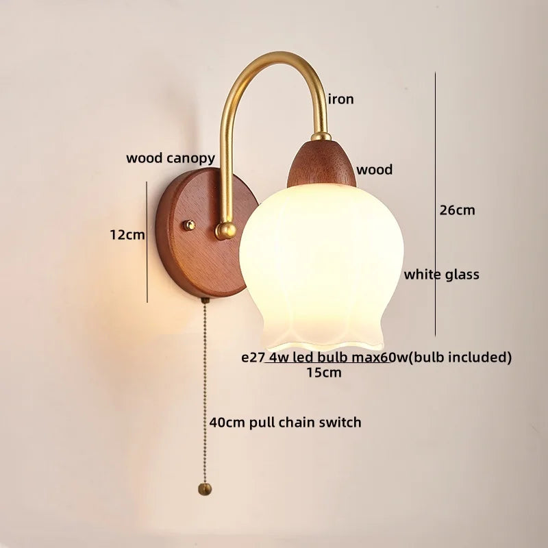 Afralia™ Wood Glass LED Wall Light Modern Bedside Lamp for Living Room & Bedroom