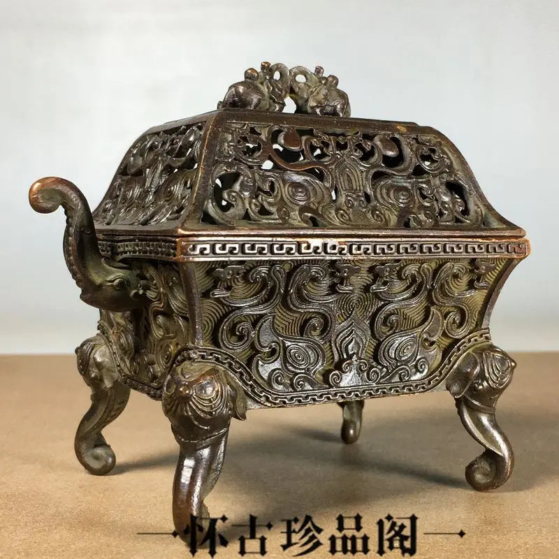 Afralia™ Copper Elephant Head Incense Burner with Lid - Retro Indoor Ornament