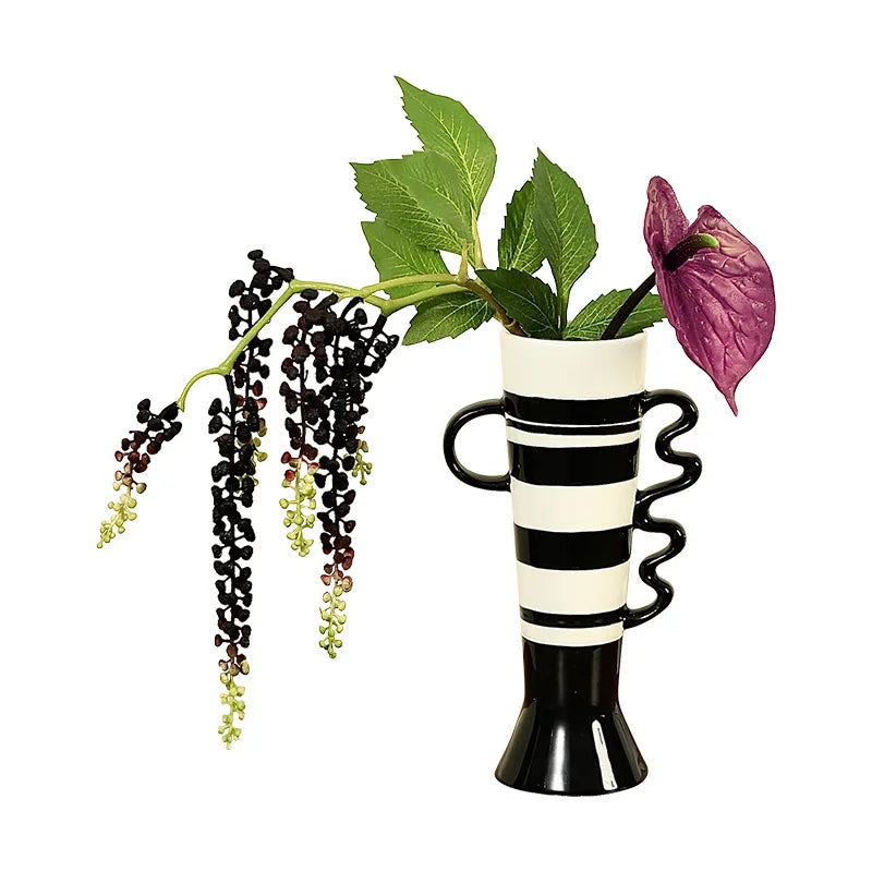 Afralia™ Ceramic Geometric Fringe Vase with Wavy Handle - Home Décor Handicraft