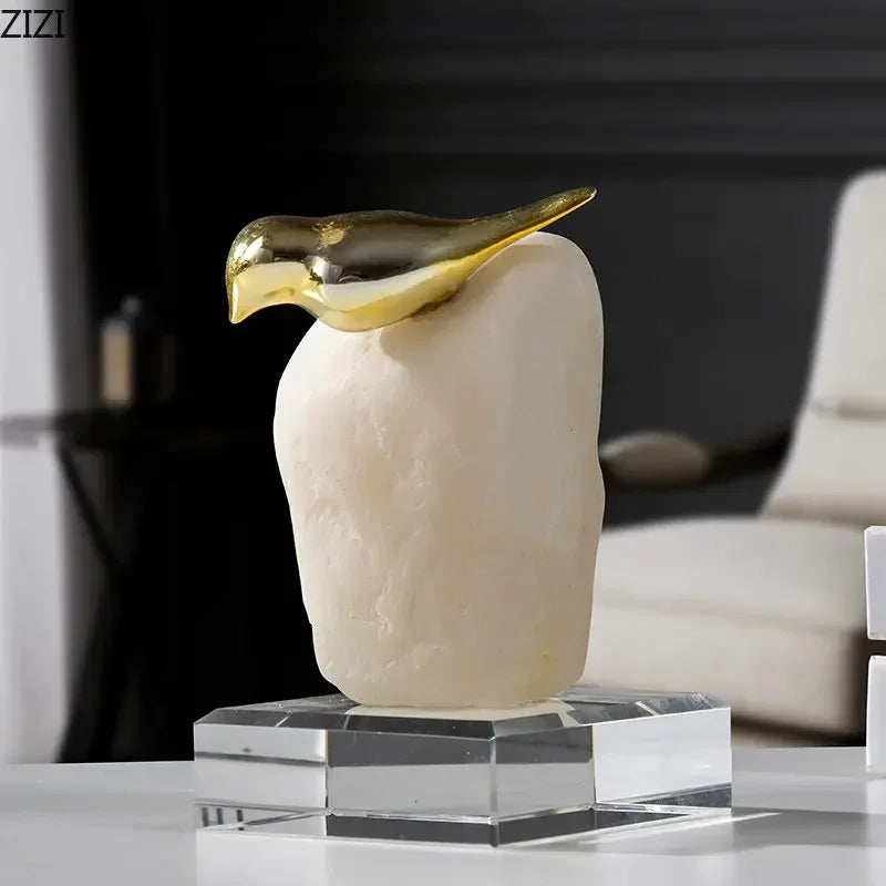 Afralia™ Golden Bird Statue Crystal Base Desk Ornament, Gold-plated Modern Home Decoration