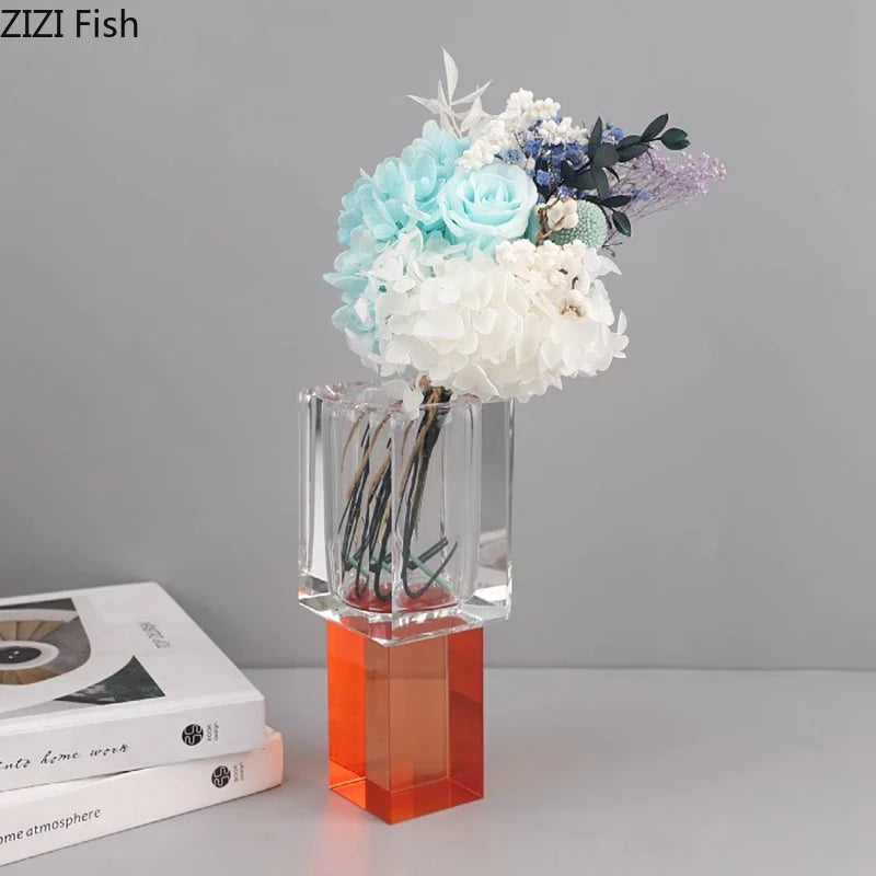 Afralia™ Crystal Glass Vase with Artificial Flowers, Modern Home Decor