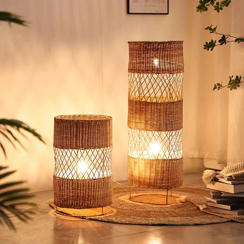 Afralia™ Hand-woven Rattan Floor Lamp: Retro Style for Living Room, Bedroom, Office, Hotel
