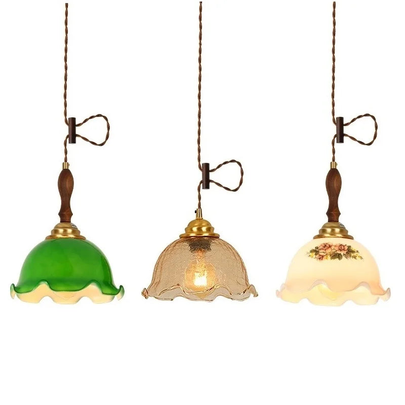 Afralia™ Cracked Glass Copper Wooden Pendant Light for Home Indoor Living Room