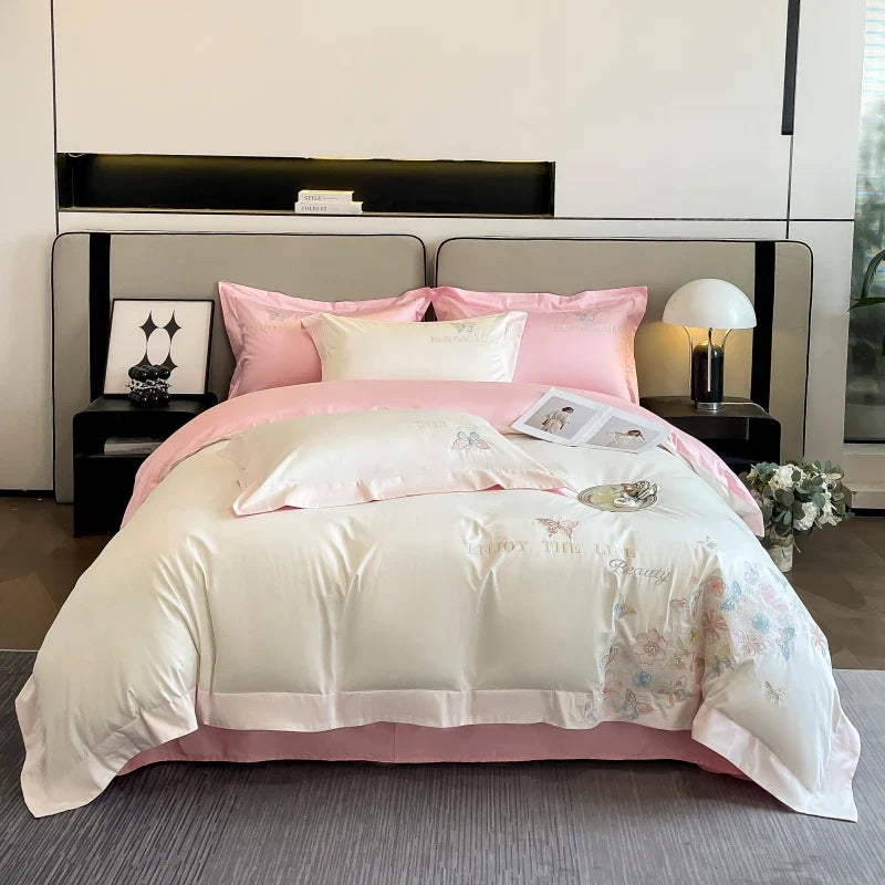Afralia™ Luxury Butterfly Flowers Embroidery White/Pink Bedding Set