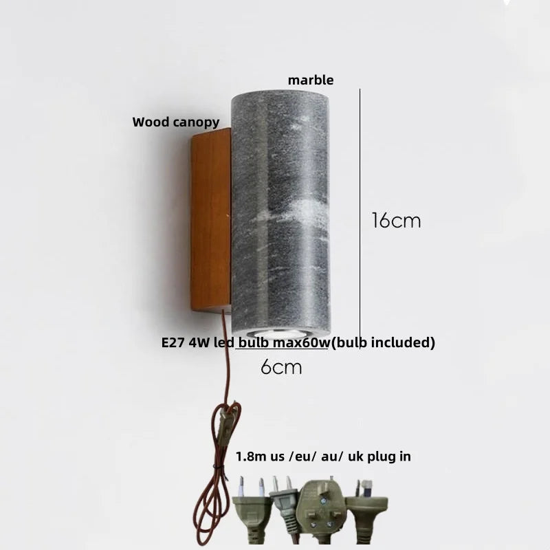 Afralia™ Marble Stone LED Wall Lights Wood Canopy Plug In Sconce Lighting