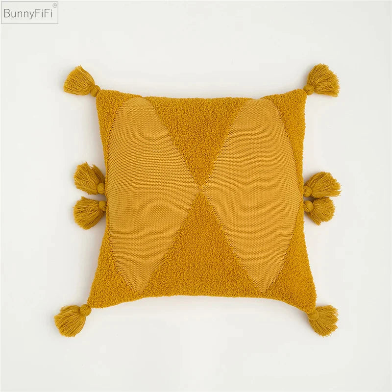 Afralia™ Knitted Mustard Blue Tassel Cushion Cover for Home Sofa Bed Decor