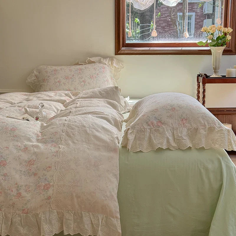 Afralia™ Elegant Floral Lace Ruffles Bedding Set with Double Yarn - Soft Cotton Blend