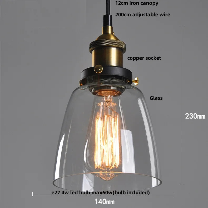 Afralia™ Vintage Copper LED Glass Pendant Lamp for Kitchen Coffee Restaurant Loft