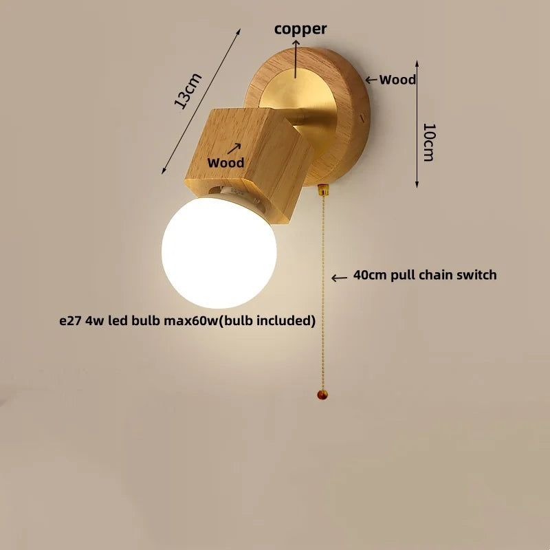 Afralia™ Modern Copper Wood LED Wall Lights with Pull Chain Switch for Bedroom Vanity.