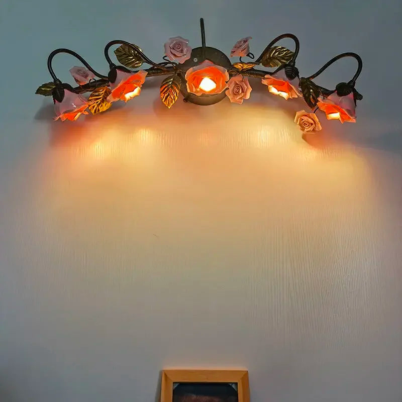 Afralia™ Pink Rose Decorative Wall Lamp Bedhead Retro Floral Bathroom Mirror Light