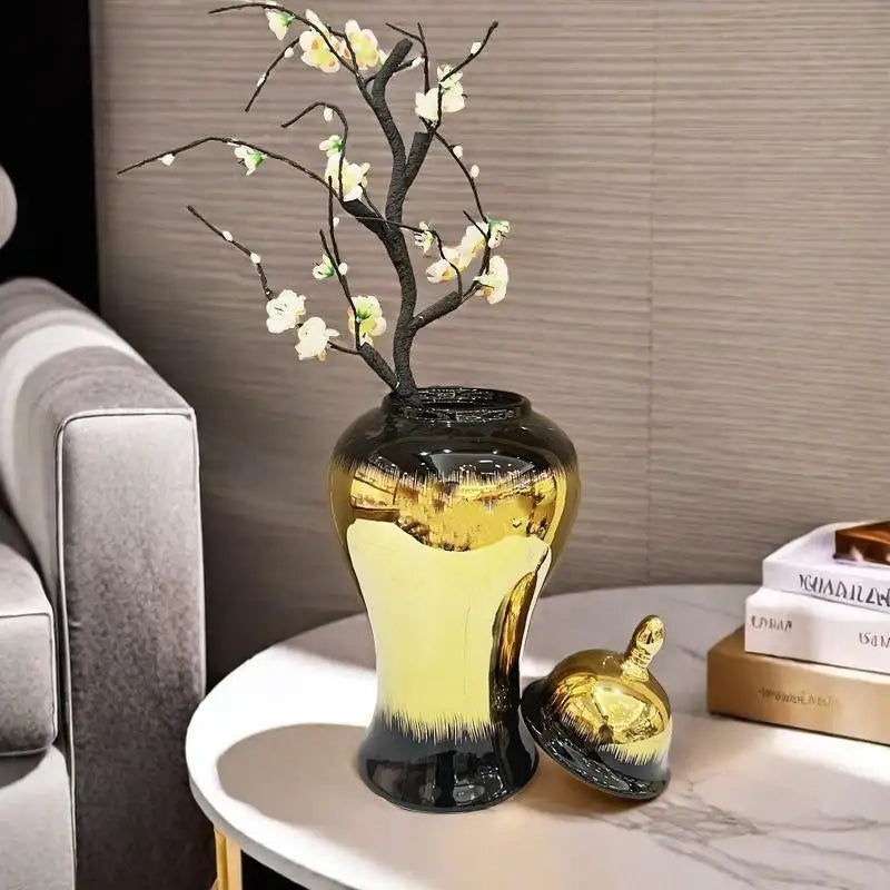 Afralia™ Black Gold Gradated Ginger Jar: Ceramic Checkmate Jar, Home Decoration Accessories