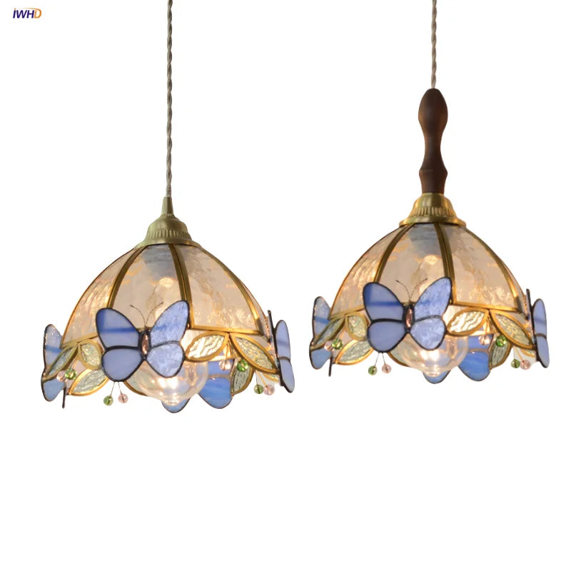 Afralia™ Tiffany Butterfly Glass LED Pendant Lights - Nordic Modern Wood Kitchen Fixture