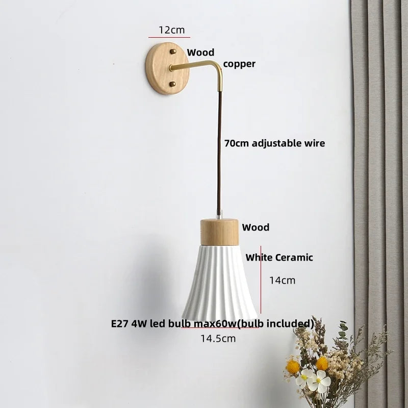 Afralia™ Nordic LED Wall Sconce Pull Chain Switch Ceramic Wood Mirror Light