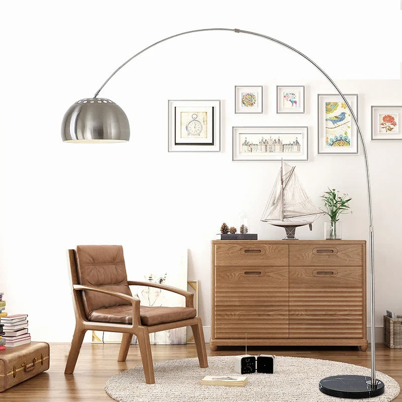 Afralia™ Nordic Marble Wooden Arc Floor Lamp Silver Study Lighting