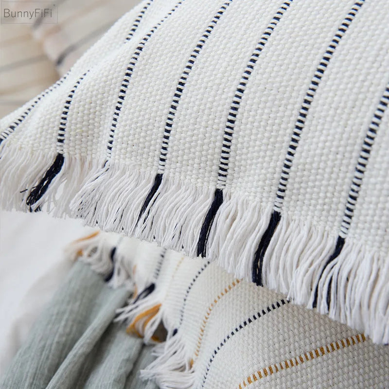 Afralia™ Handmade Cotton Woven Cushion Tassels - Ivory Black Yellow Stripe Home Decor