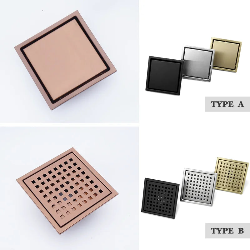 Afralia™ Rose Gold Embedded Grid Floor Drain, 15x15cm, Bathroom & Shower Drain.