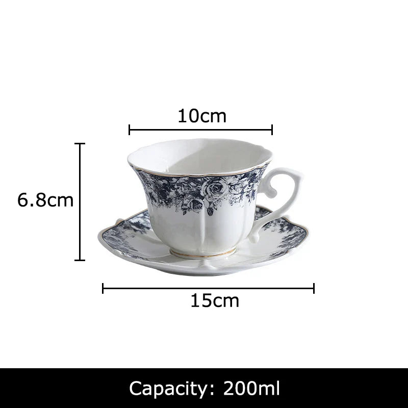 Afralia™ Grey Blue Rose Ceramic Cup & Saucer Set, Classical Mugs for Dining Table and Coffee Mug