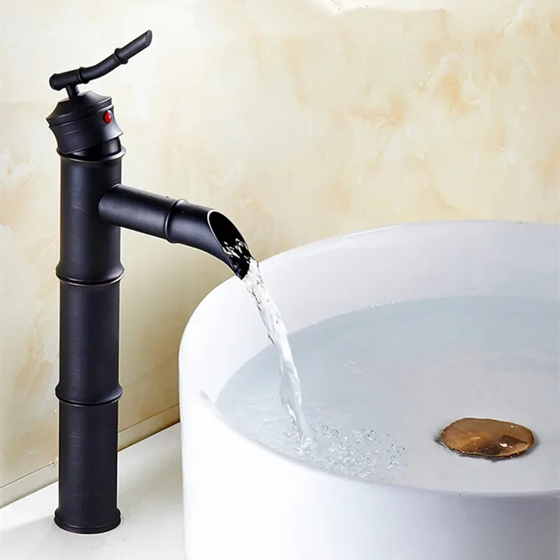 Afralia™ Black Bronze Waterfall Faucet Bamboo Bathroom Sink Tap High Arch Mixer