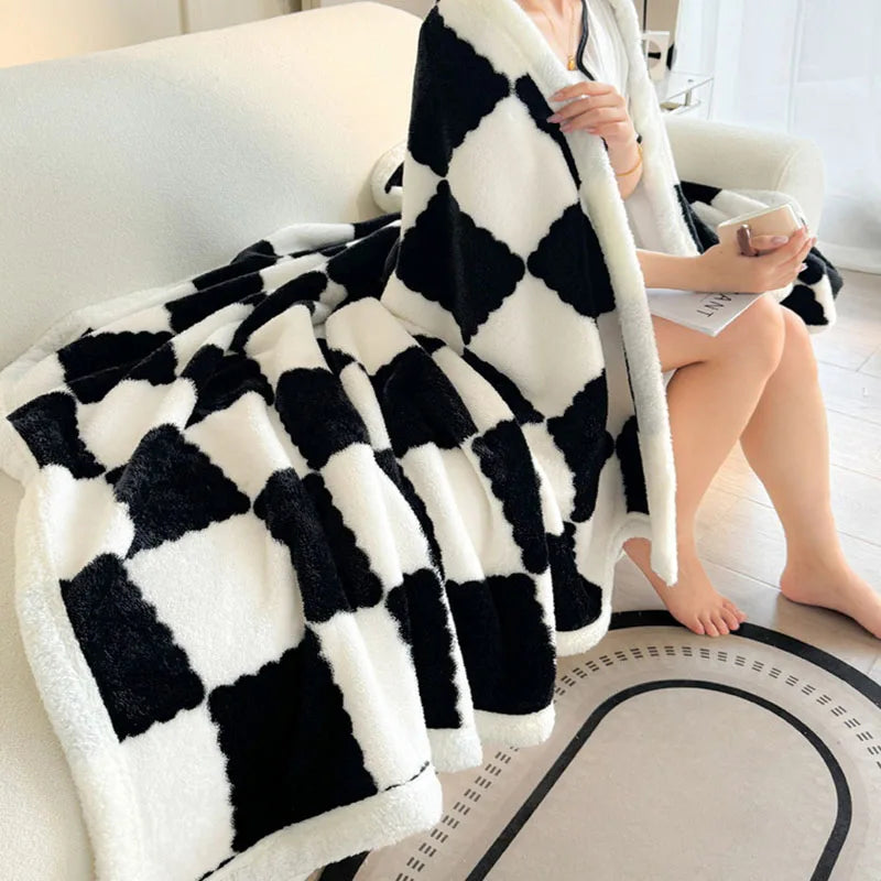 Afralia™ Velvet Checkerboard Blanket - Double Layered Thick Coral Fleece Sofa Cover