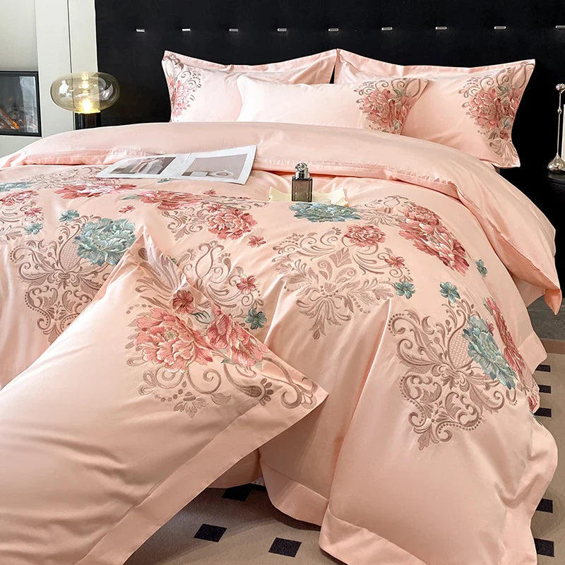 Afralia™ Luxury Flowers Embroidery Cotton Bedding Set - Queen King Size